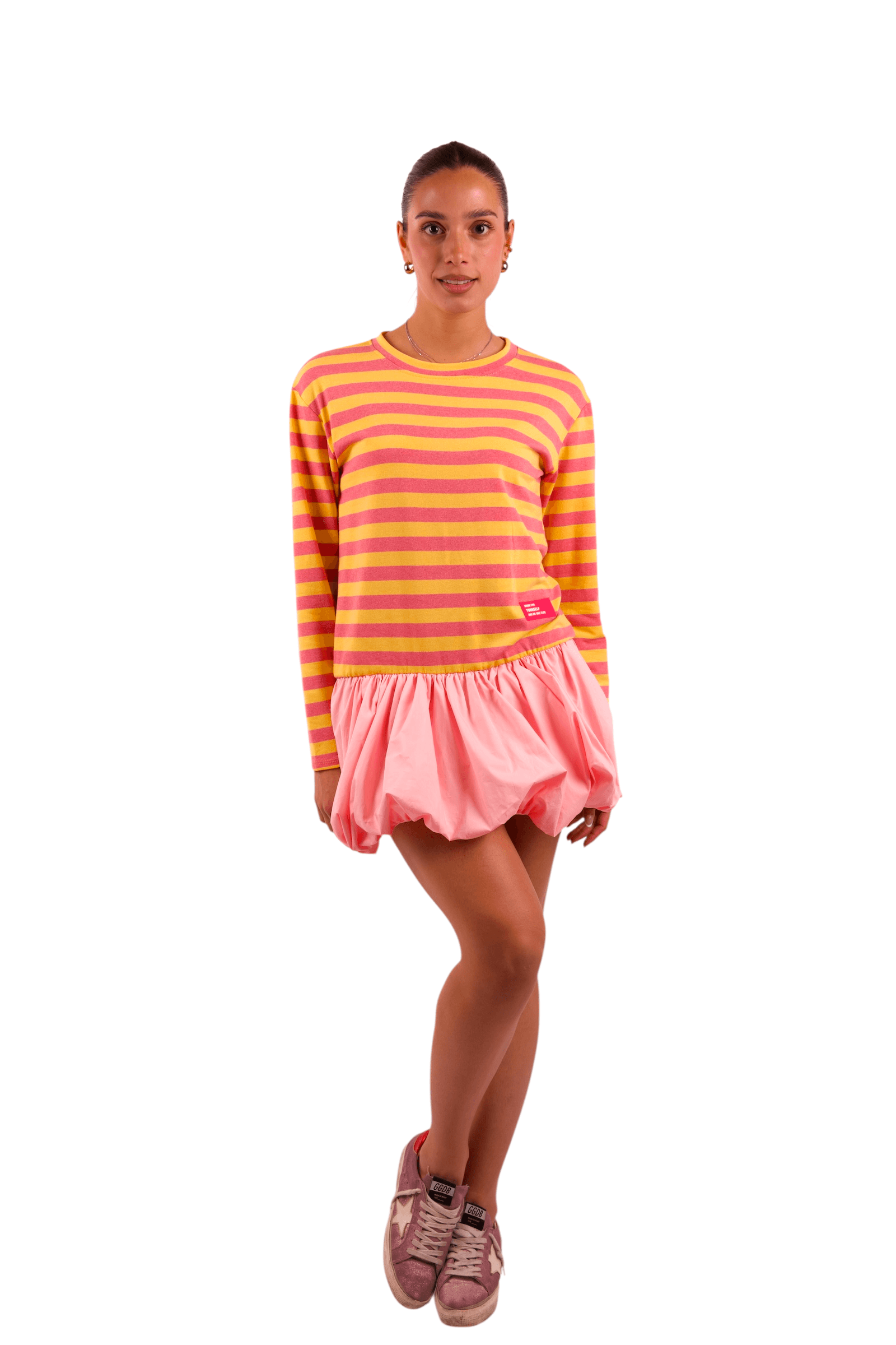 Abito Mini a Righe con Gonna Balloon Pink
