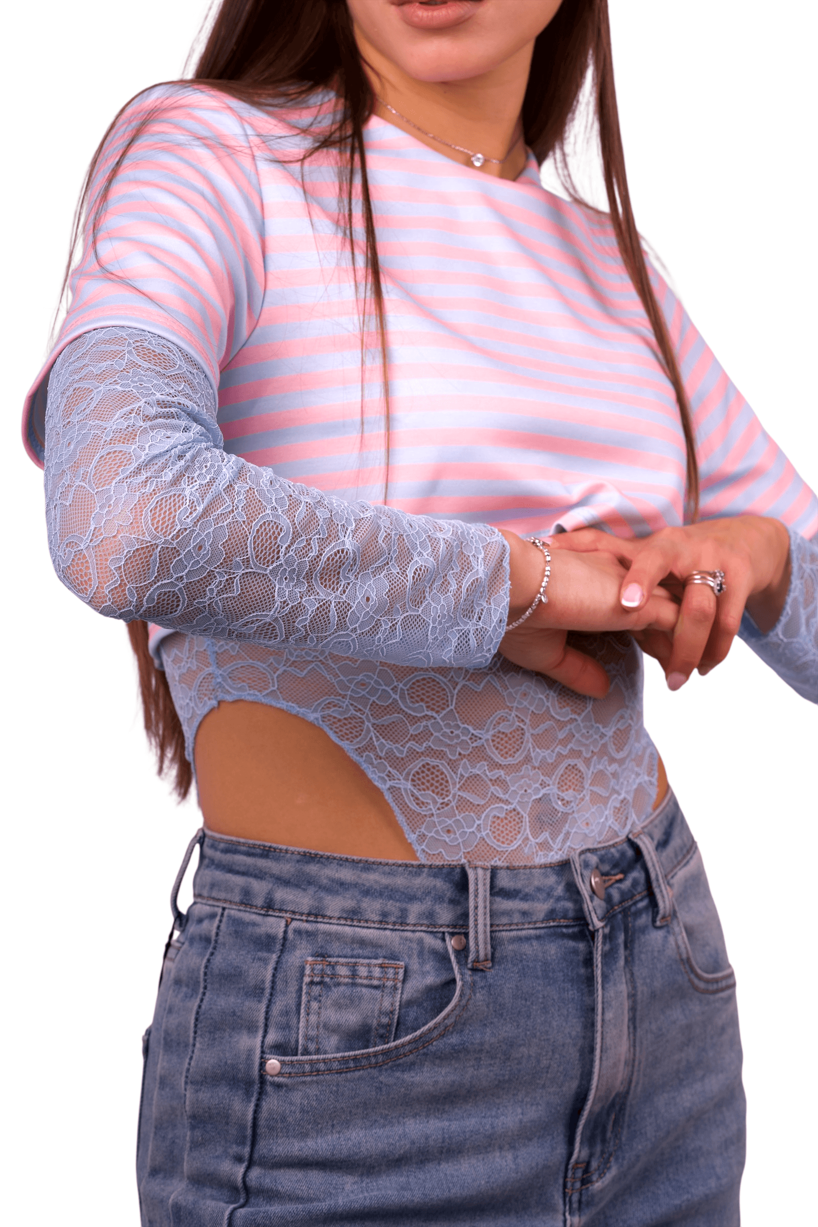Body a Righe con Inserti in Pizzo Trasparente