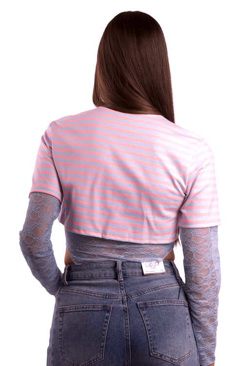 Body a Righe con Inserti in Pizzo Trasparente