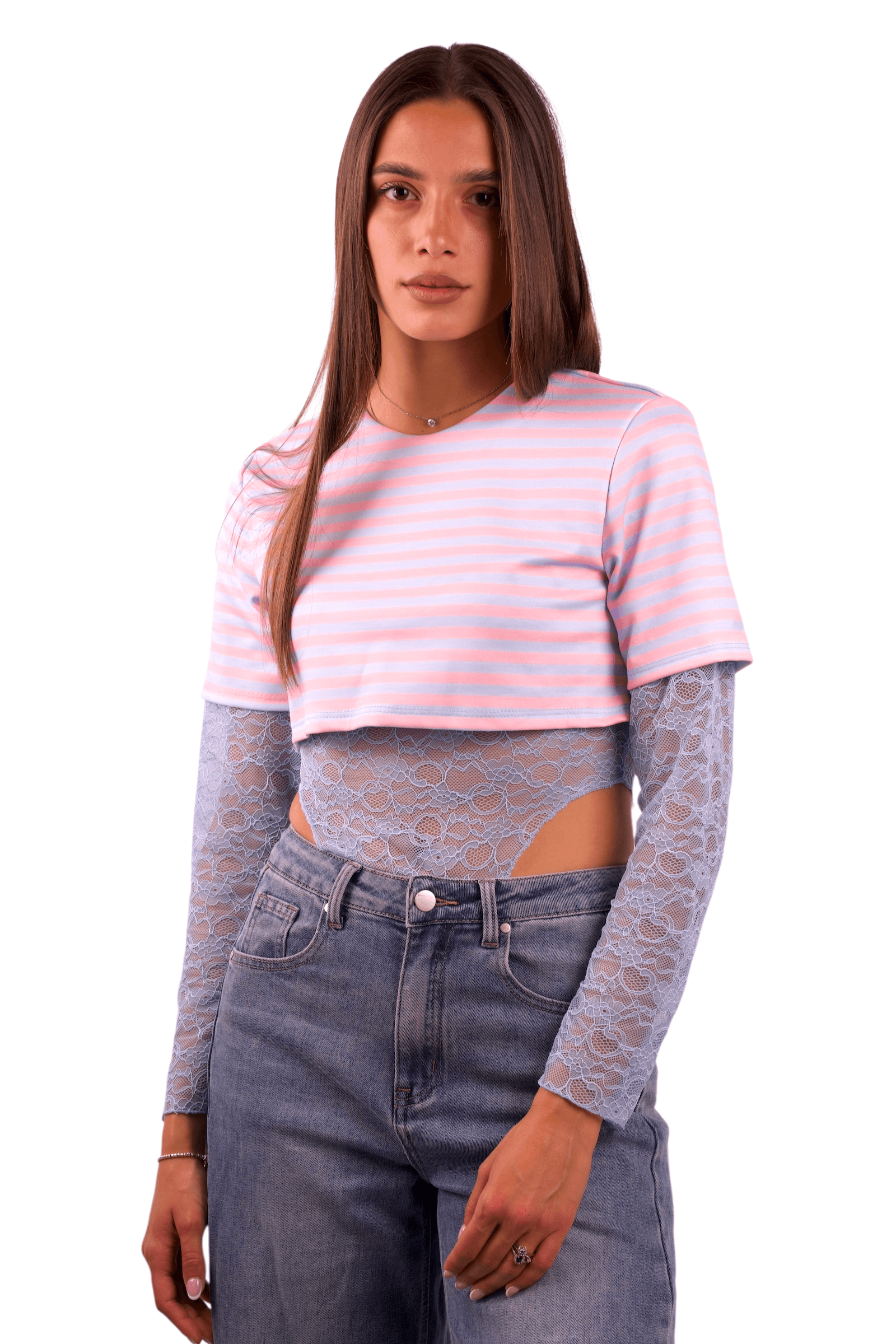 Body a Righe con Inserti in Pizzo Trasparente